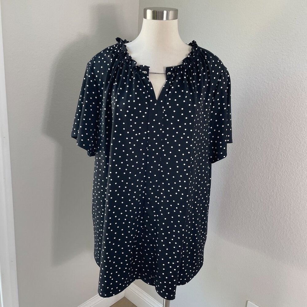 Croft&Barrow‎ Womens Plus 3X Polka Dot Black White Blouse Chain Accent Tunic Top